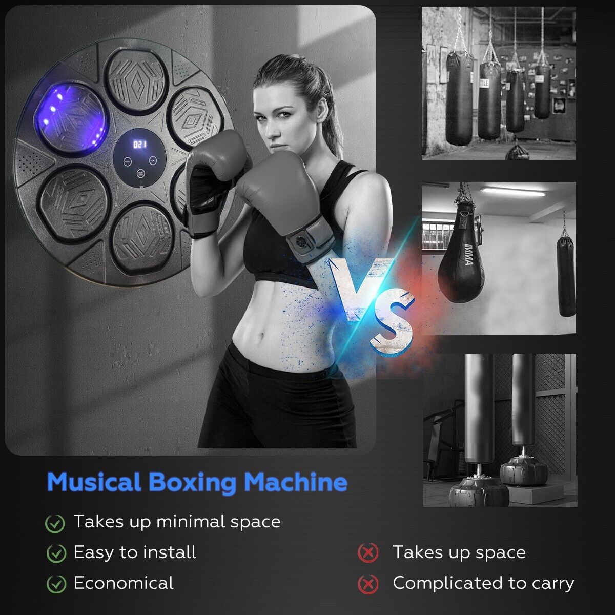 Premium Bluetooth Smart Punching Bag Wall Pad with Gloves, LED Lights & 9 Speeds