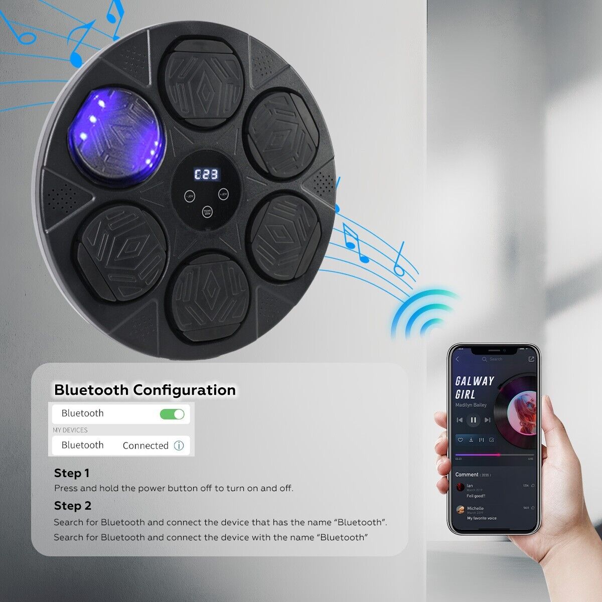 Premium Bluetooth Smart Punching Bag Wall Pad with Gloves, LED Lights & 9 Speeds