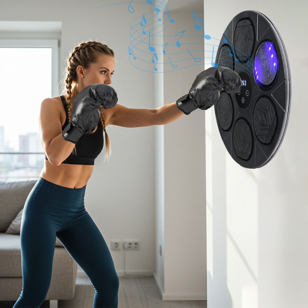 Premium Bluetooth Smart Punching Bag Wall Pad with Gloves, LED Lights & 9 Speeds