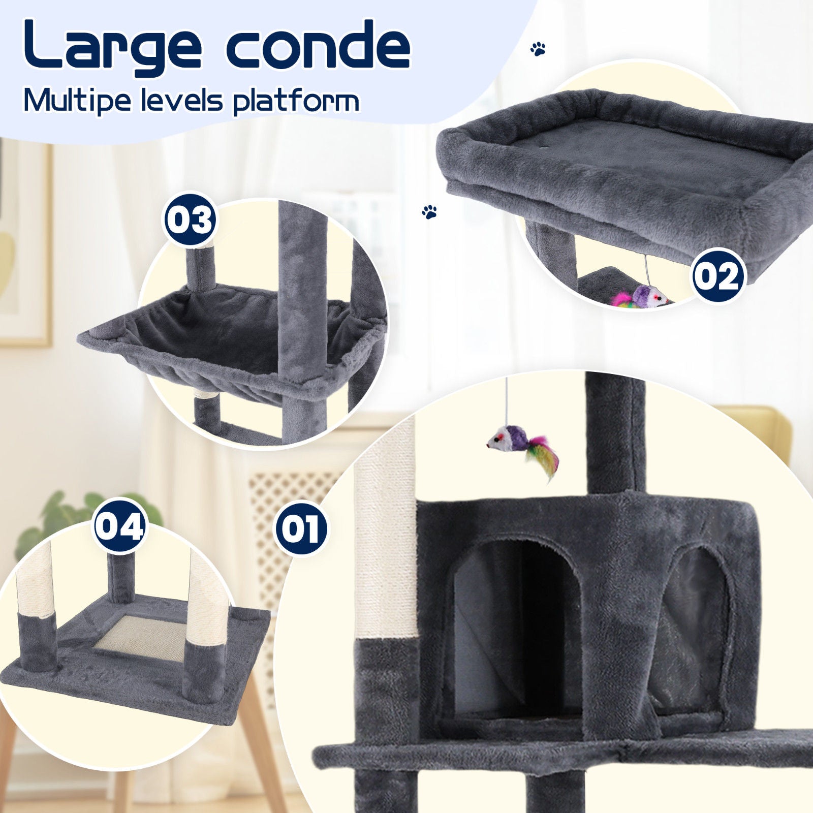Cat Tower Tree Condo Scratching Post Dark Grey 142cm - Multi-Level, Durable, Cozy - SuperSaverAU - view 7