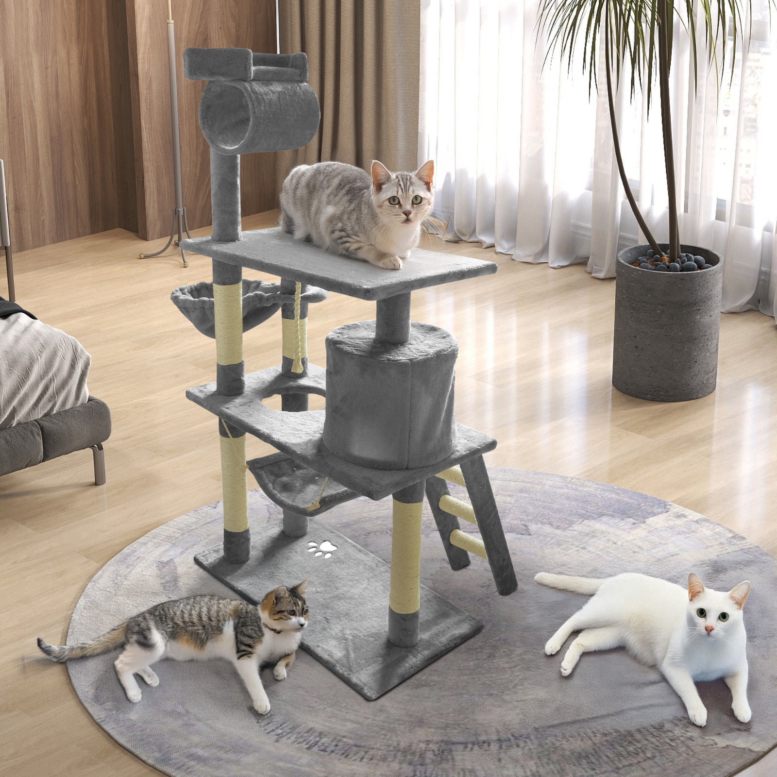 Grey Cat Tree Tower Condo Scratching Post Bed Stand 1.4M - Multi-Level Design, Plush Condos, Easy Maintenance - SuperSaverAU - view 3
