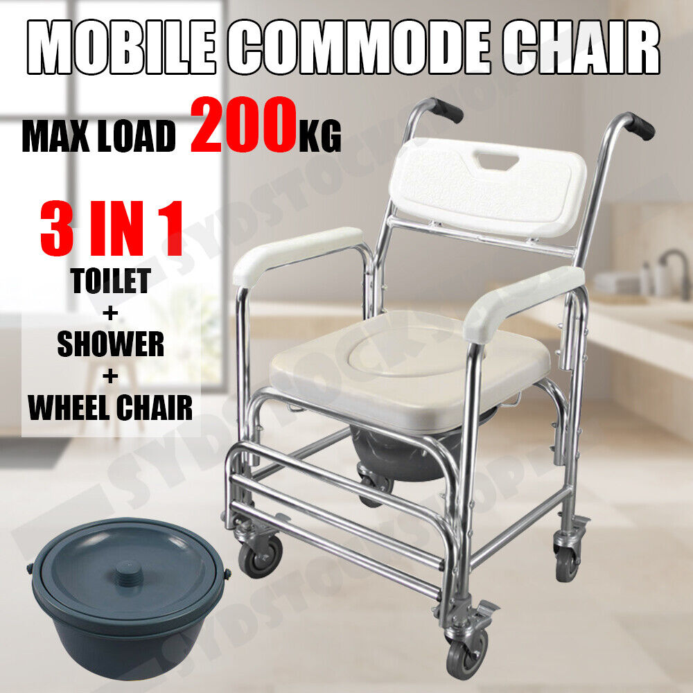 Premium Aluminium Mobile Shower Commode Chair 200kg with Footrests and Removable Pan