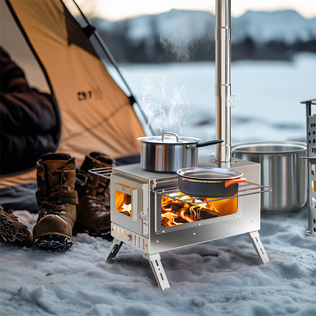 Stainless Steel Wood Burning Stove 1 Burner 20x15x25 cm Camping BBQ with Chimney - SuperSaverAU - view 3