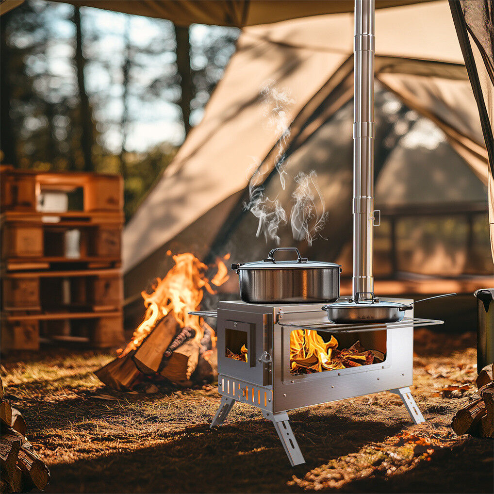 Stainless Steel Wood Burning Stove 1 Burner 20x15x25 cm Camping BBQ with Chimney - SuperSaverAU - view 8