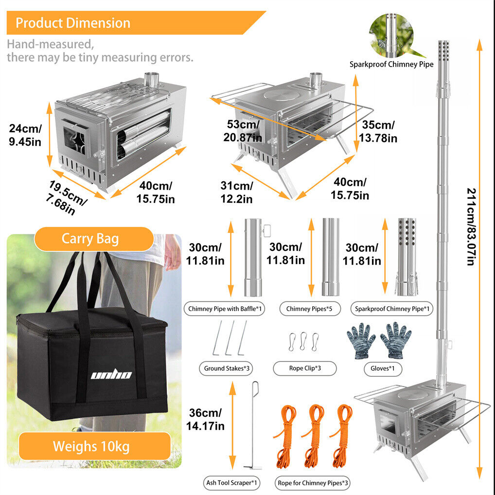 Stainless Steel Wood Burner Stove 20x15x25 cm for Camping w/ Chimney & Bag - SuperSaverAU - view 4