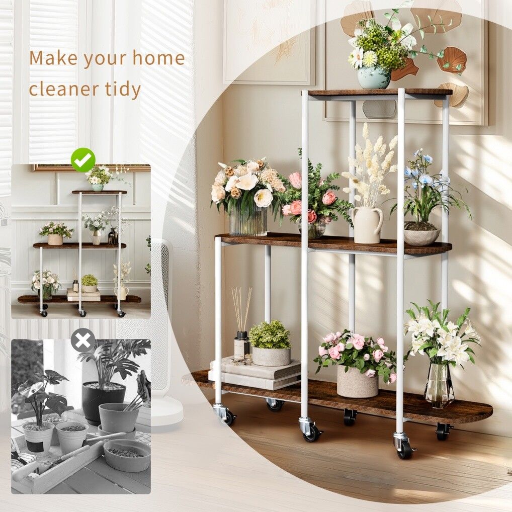 Plant Stand with Wheels, 3-Tier Indoor Outdoor Flower Rack, 20x15x25 cm - SuperSaverAU - view 8