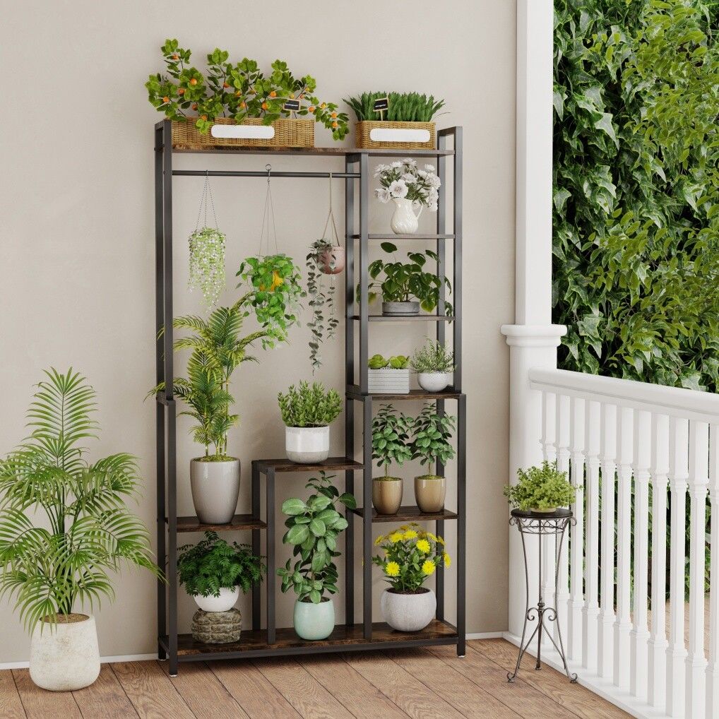 Rustic Plant Stand Shelf Rack with Hanging Rod for Indoor Outdoor Display - SuperSaverAU - view 1