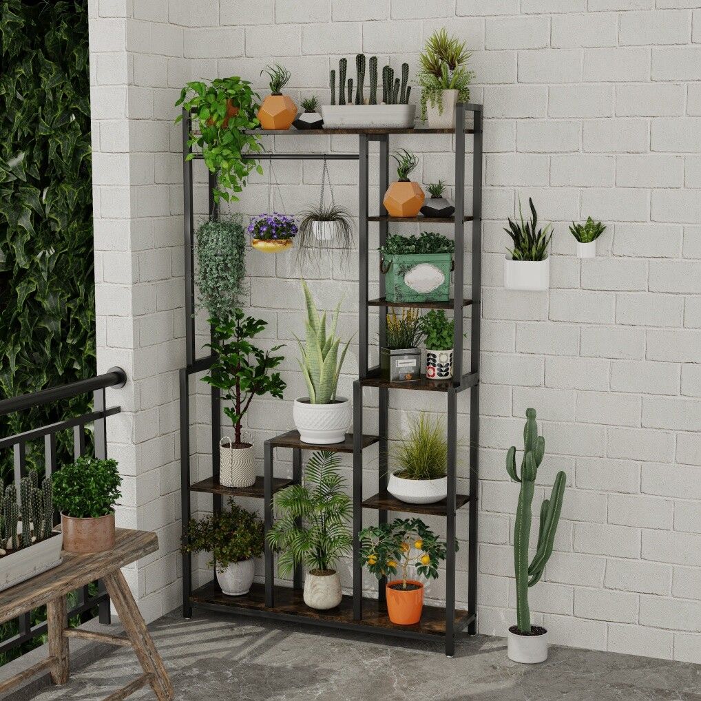 Rustic Plant Stand Shelf Rack with Hanging Rod for Indoor Outdoor Display - SuperSaverAU - view 6