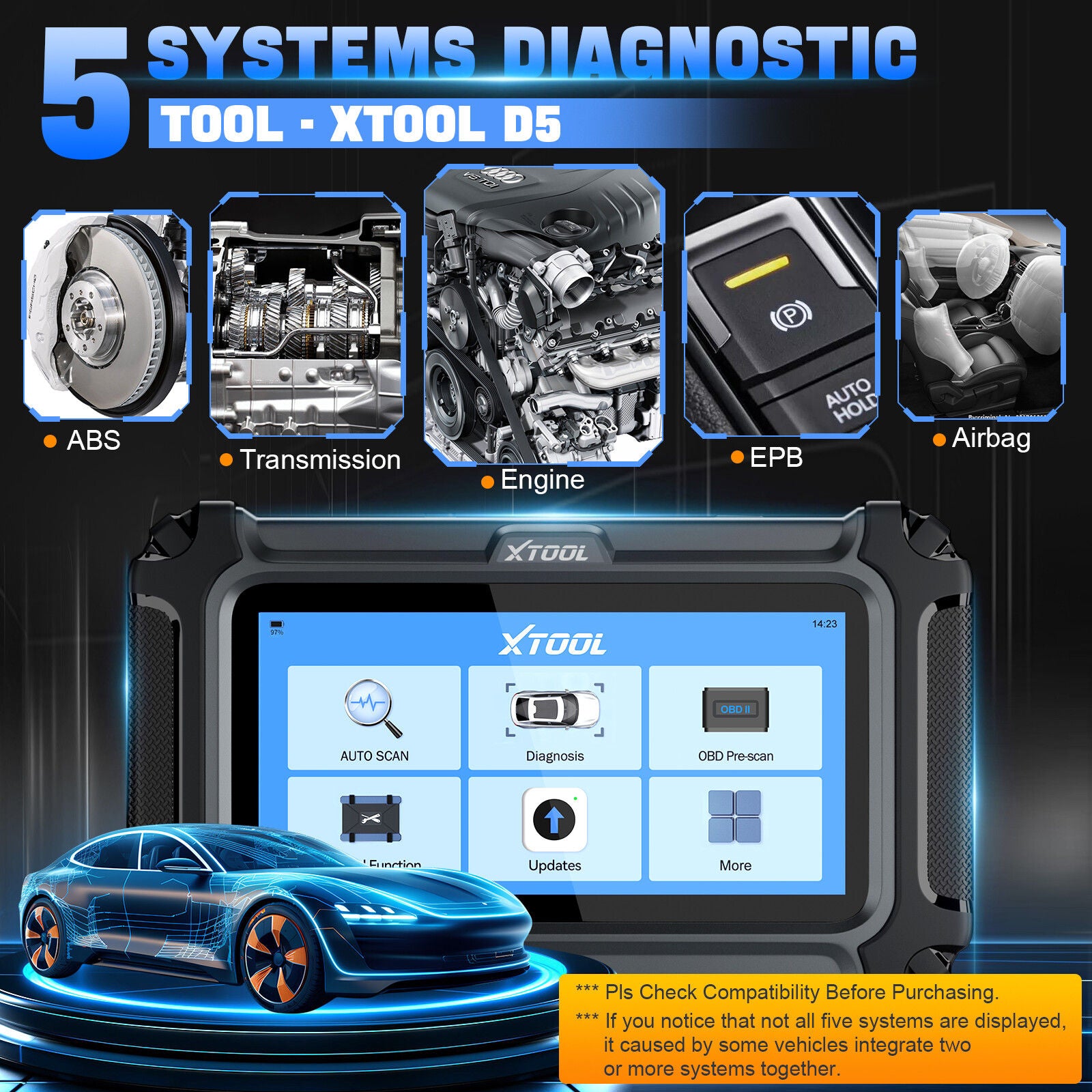 Premium 2025 D5 OBD2 Scanner ABS SRS Engine Diagnostic Tool