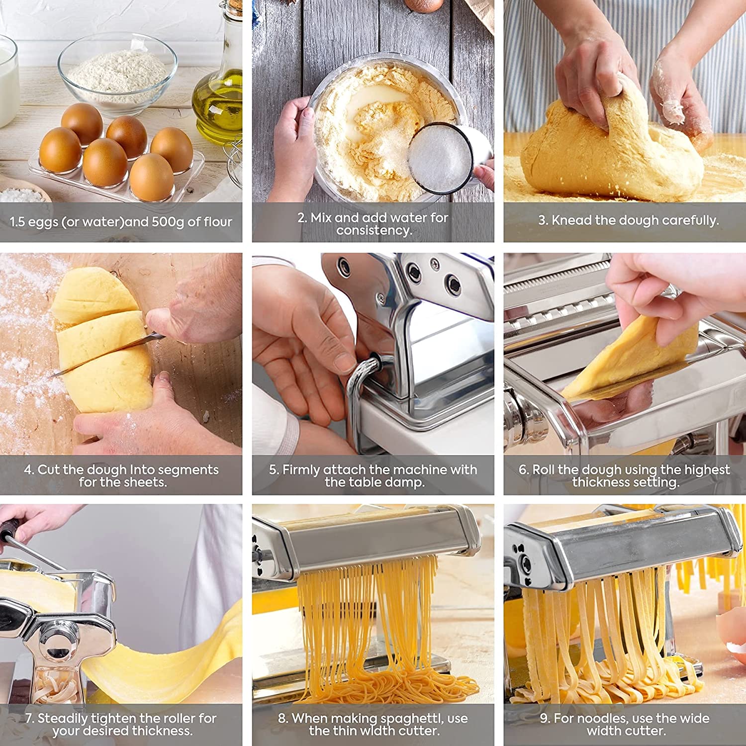 Premium Manual Steel Pasta Maker with 8 Thickness Settings