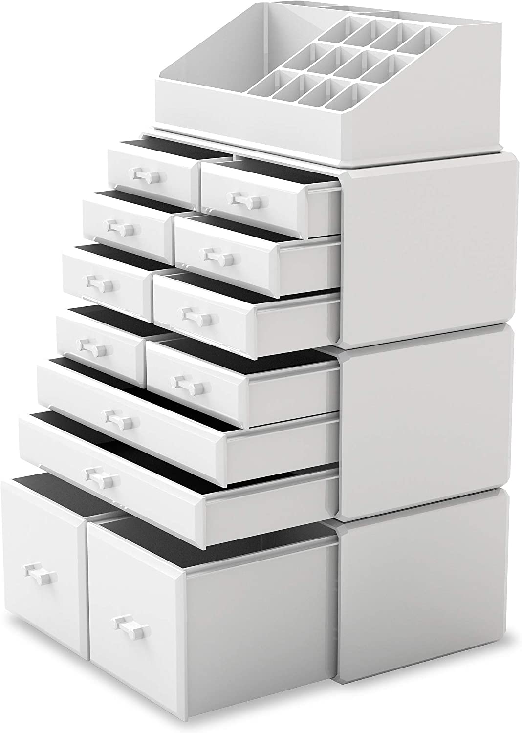 Premium White Makeup Cosmetic Organiser with 12 Drawers and 16 Top Compartments