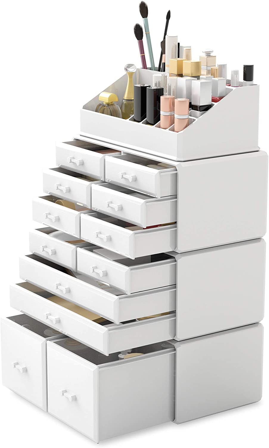 Premium White Makeup Cosmetic Organiser with 12 Drawers and 16 Top Compartments