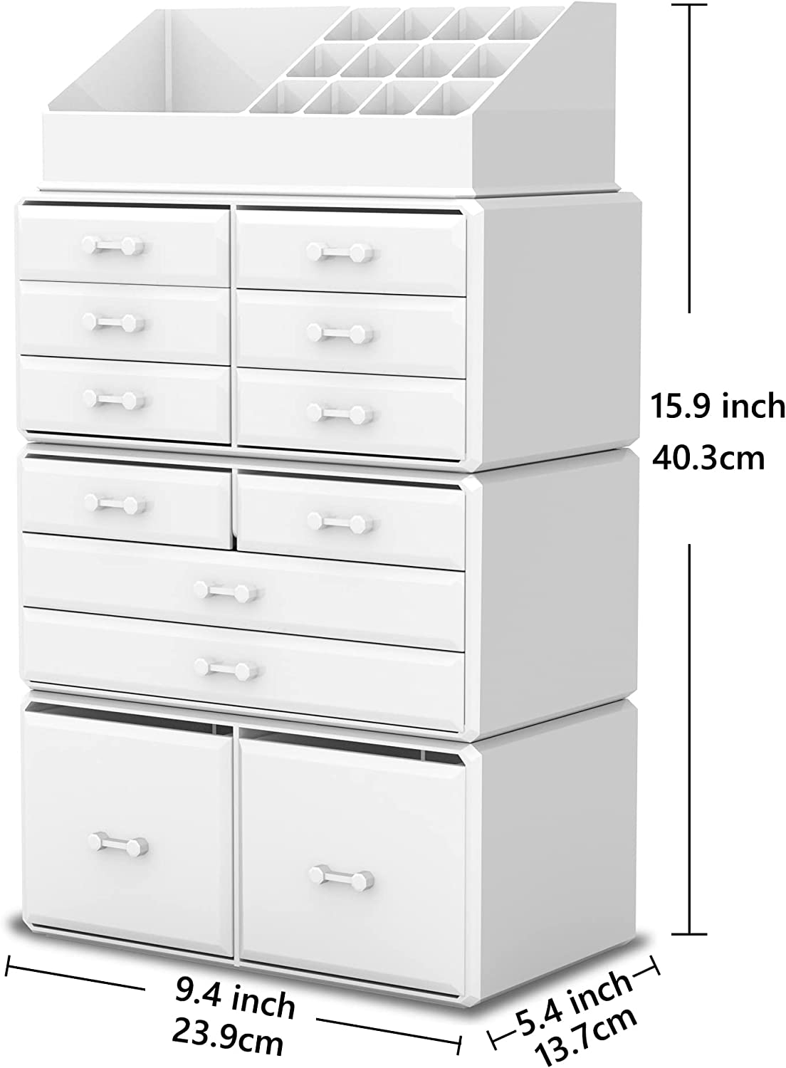 Premium White Makeup Cosmetic Organiser with 12 Drawers and 16 Top Compartments