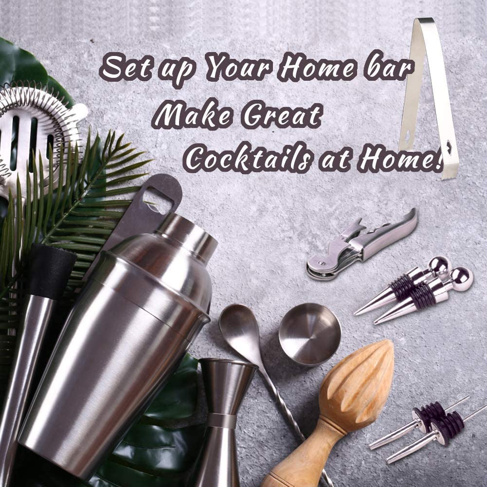 Premium 12 Piece Stainless Steel Cocktail Shaker Bartender Kit with Bamboo Stand