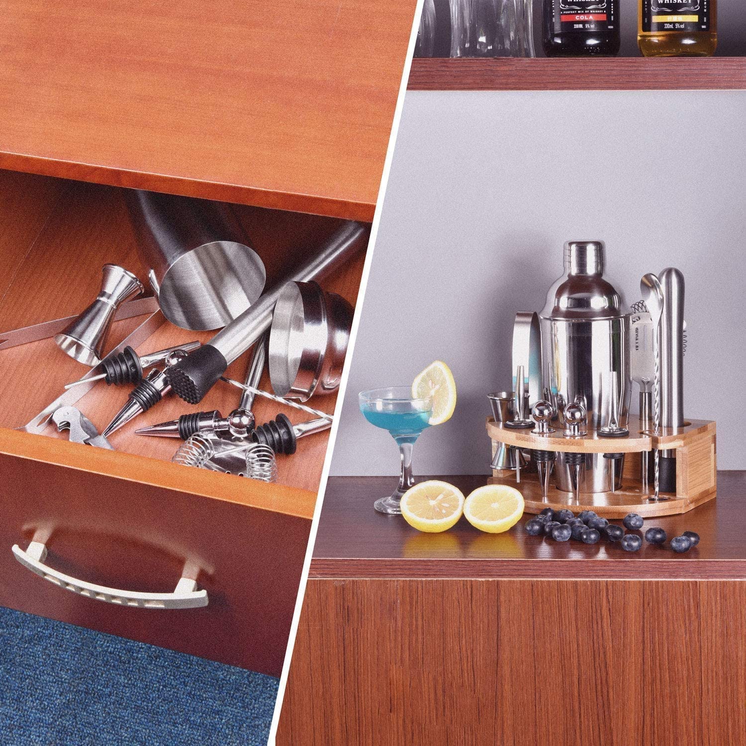 Premium 12 Piece Stainless Steel Cocktail Shaker Bartender Kit with Bamboo Stand