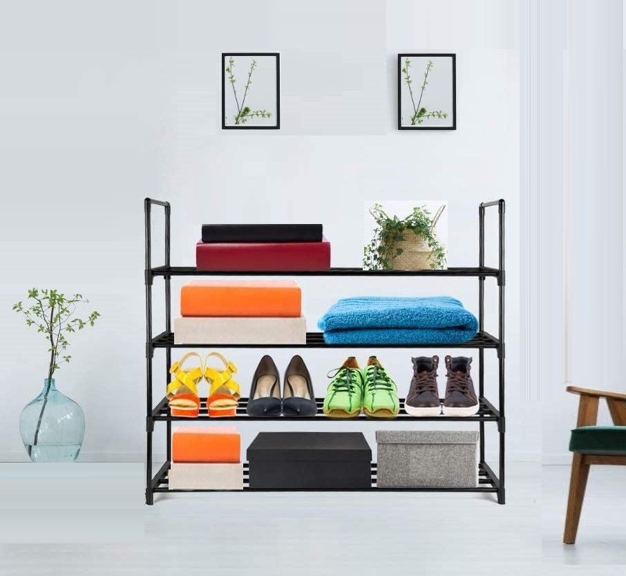 Premium Black 4 Tier Stainless Steel Shoe Rack Holds 16 to 20 Pairs 80cm