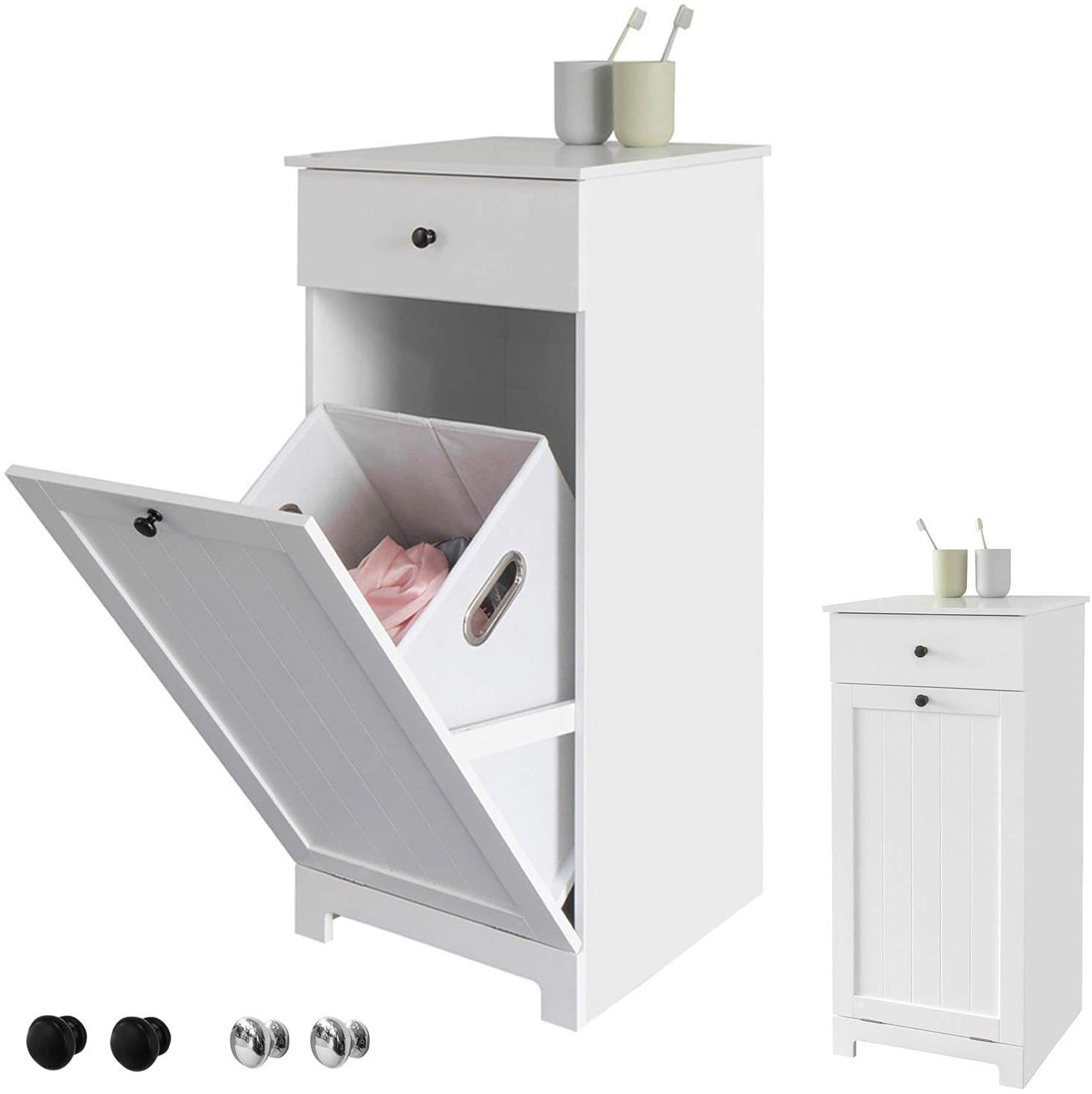 White Bathroom Cabinet with Laundry Basket and Drawer, 40 x 38 x 90 cm - SuperSaverAU - view 1