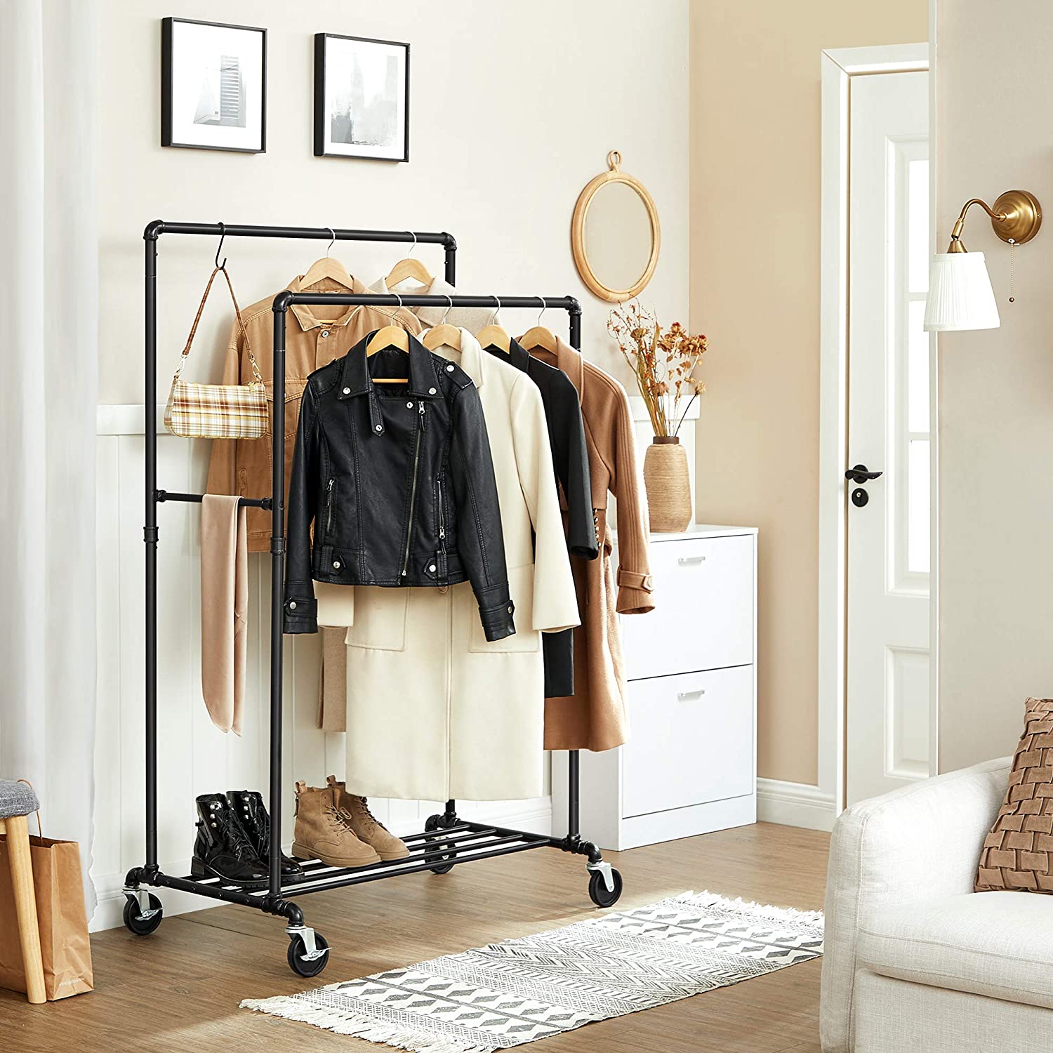 Premium Industrial Pipe Clothes Rack with Wheels - 110kg Load