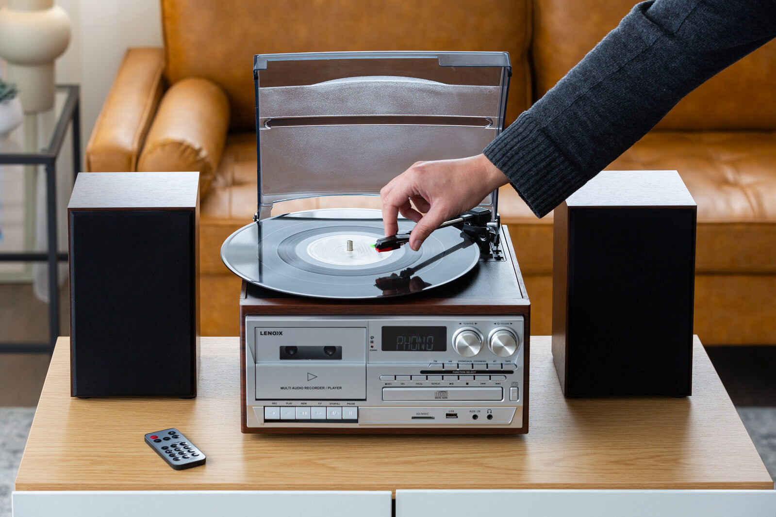 Premium Brown Audio Home Entertainment System with Turntable and Wireless Streaming