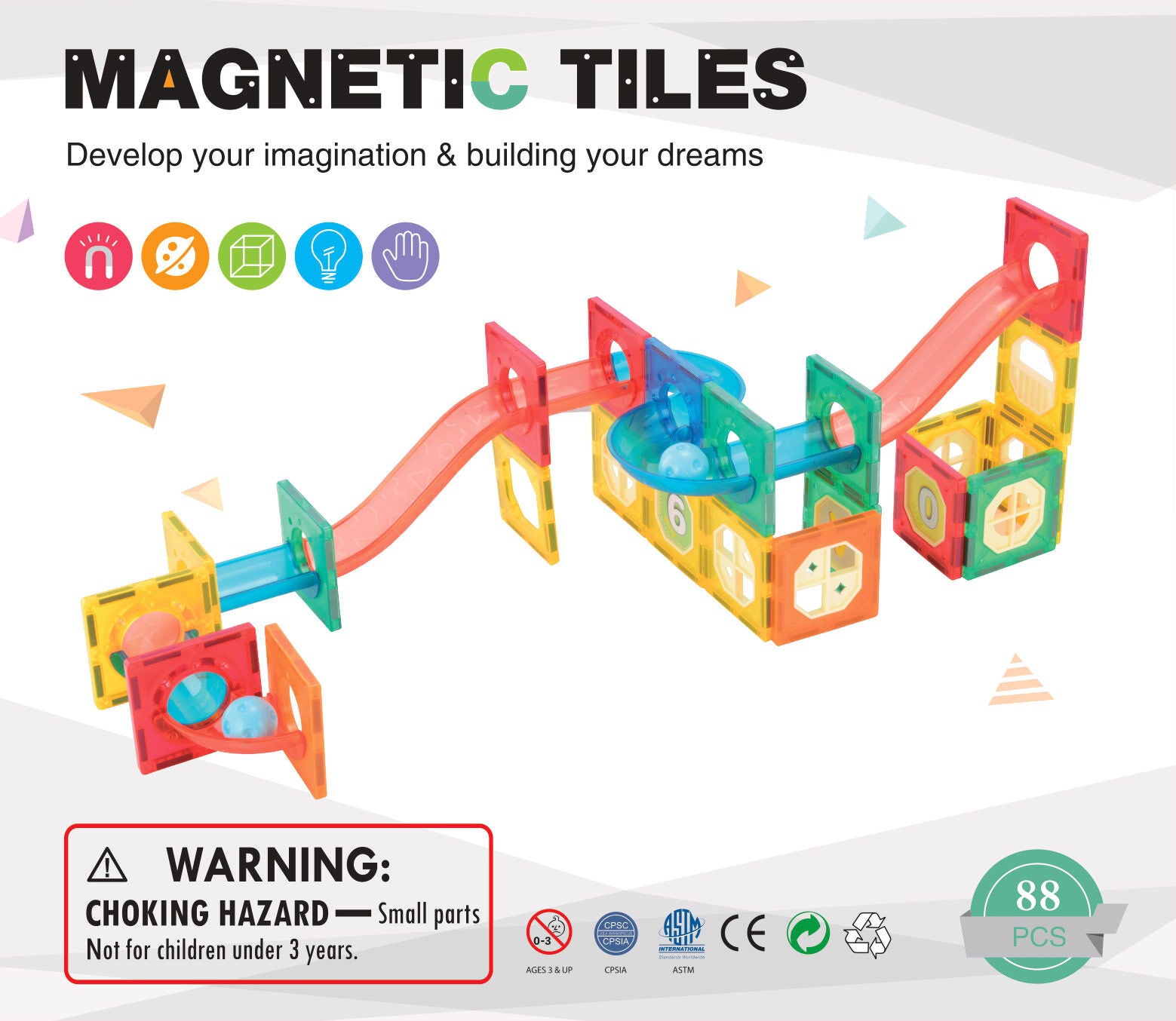 88 Pcs non-toxic STEM Educational, Durable Magnetic Tiles/Puzzle with Storage Bag - SuperSaverAU - view 5