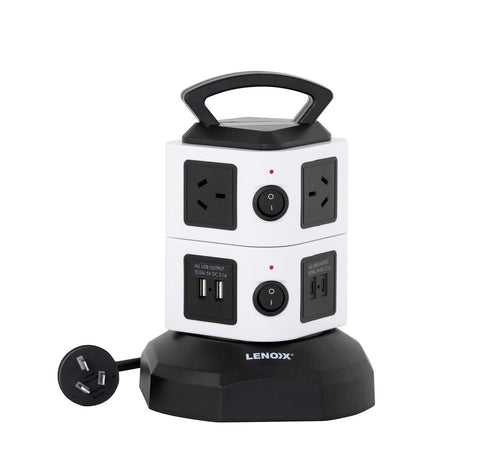 Lenoxx Tower Power Board with 6 Outlets and 4 USB Ports - Black/White - SuperSaverAU - view 1