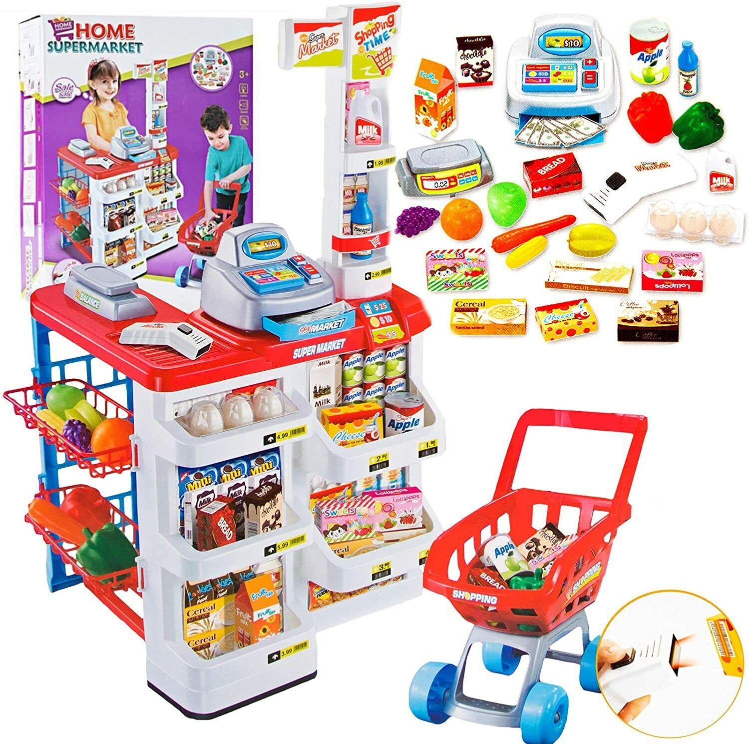 Children's Home Supermarket w/ Toy Cash Register, Trolly, Fruit & More - SuperSaverAU - view 4