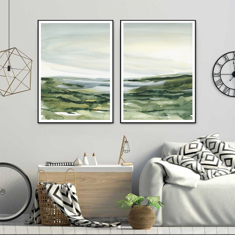 Premium Watercolor Landscape Framed Canvas Wall Art 2 Set - Black Frame, 70 x 100cm
