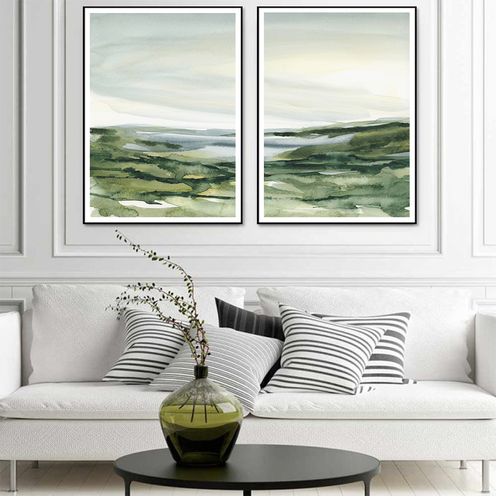 Premium Watercolor Landscape Framed Canvas Wall Art 2 Set - Black Frame, 70 x 100cm