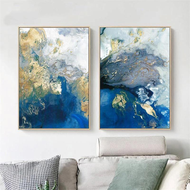 Premium Marbled Blue And Gold Framed Canvas Wall Art 2 Set - Gold Frame, 70 x 100cm
