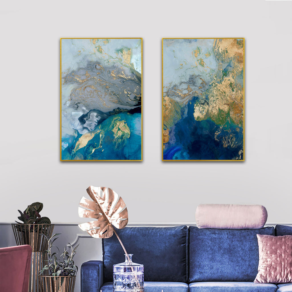 Premium Marbled Blue And Gold Framed Canvas Wall Art 2 Set - Gold Frame, 70 x 100cm