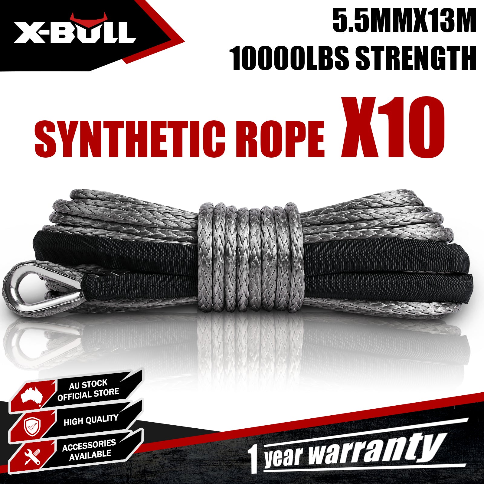X-BULL 5.5mm x 13m SK75 Synthetic Winch Rope - 10 Pack