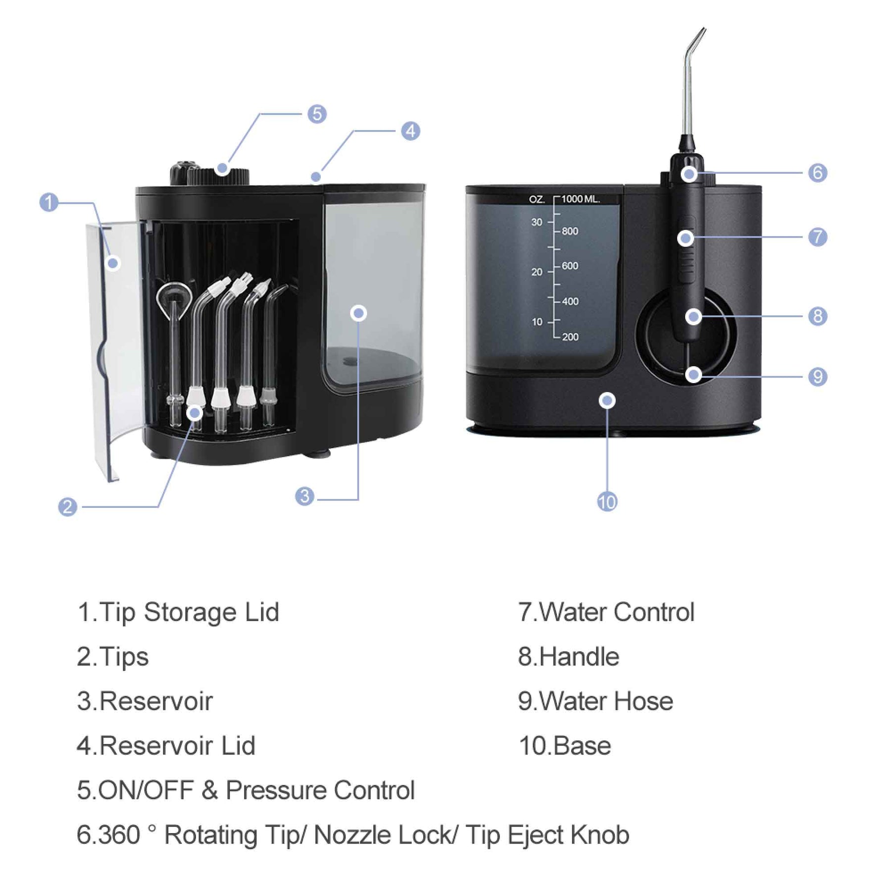 Water Jet Black Dental Flosser 1000ml Electric Oral Pressure Irrigator with 5 Tips - SuperSaverAU - view 6