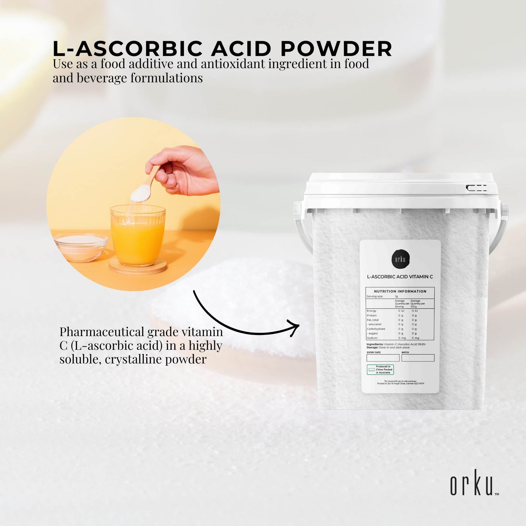 Orku 1.3Kg Vitamin C Powder in Tub Pure L-Ascorbic Acid - USP Grade Non-GMO - SuperSaverAU - view 4