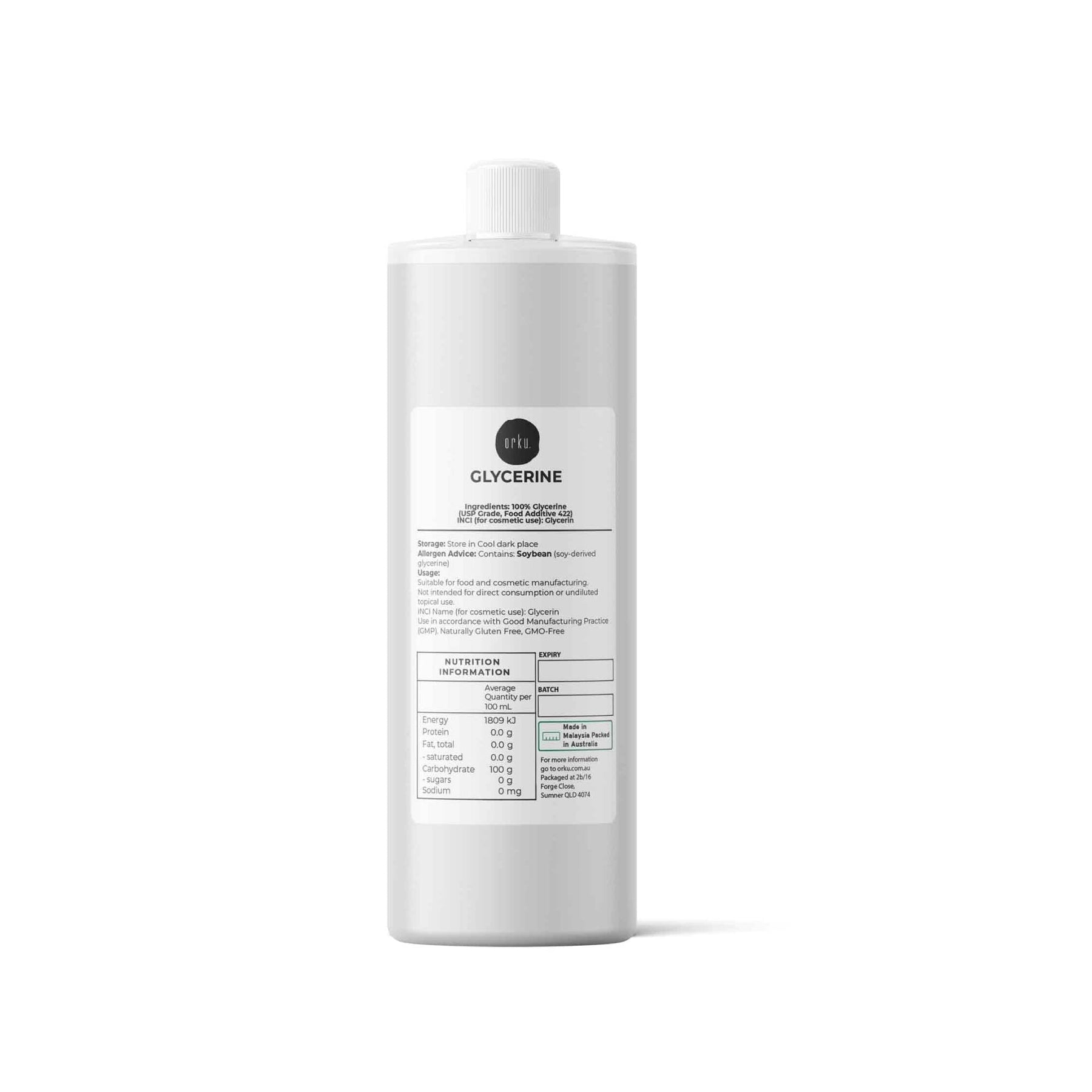 Orku 1L Glycerine 99.9% Pure USP Food + Cosmetic Grade – Vegetable Glycerol - SuperSaverAU - view 1