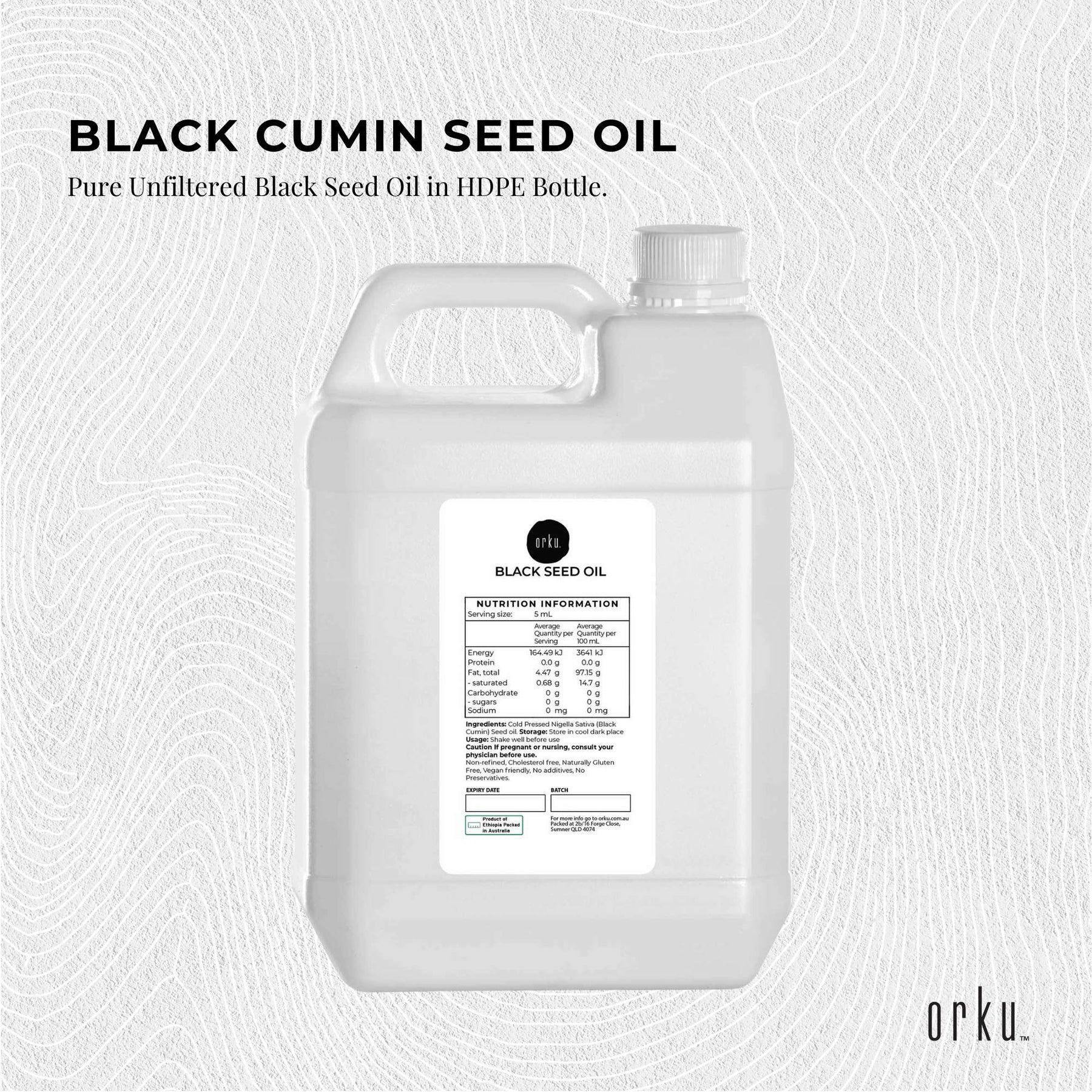 Orku 5L Pure Black Seed Oil - 100% Ethiopian Cold Pressed, Non-Refined, Vegan - SuperSaverAU - view 3