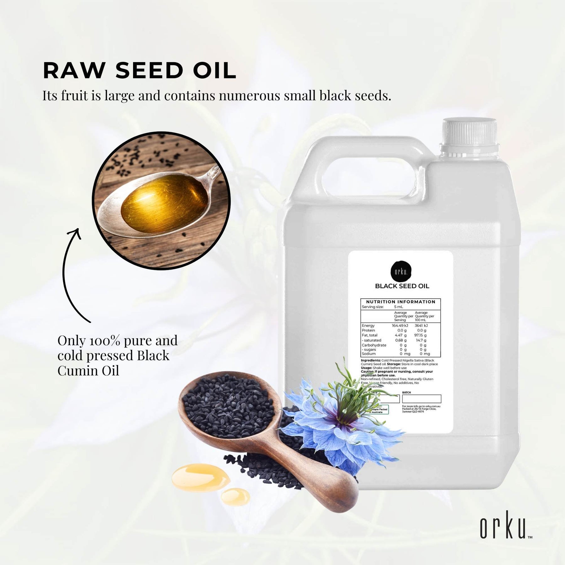 Orku 5L Pure Black Seed Oil - 100% Ethiopian Cold Pressed, Non-Refined, Vegan - SuperSaverAU - view 4