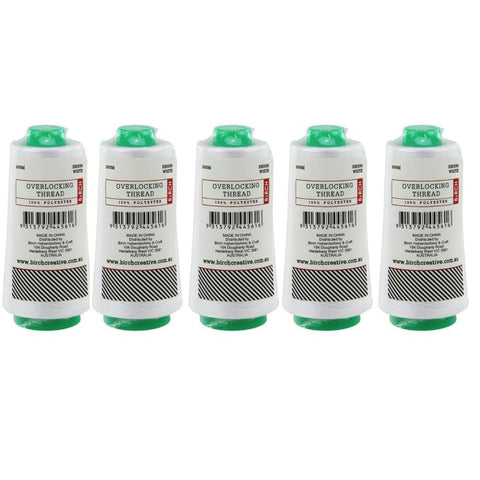 Birch White Polyester Overlocking Thread 2000m - 5 Pack