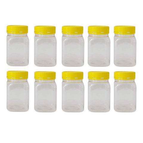 Square Clear Plastic Food Grade Jars 500g with Yellow Tamper Evident Lids - 10 Pack - SuperSaverAU - view 1