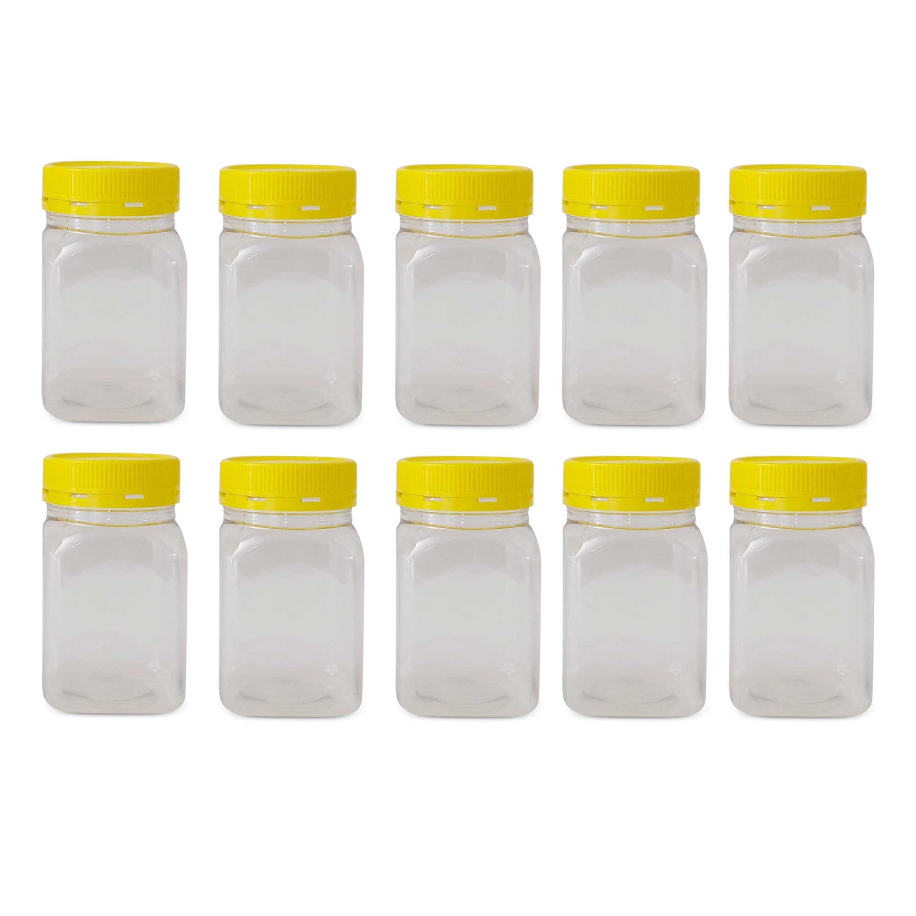 Square Clear Plastic Food Grade Jars 500g with Yellow Tamper Evident Lids - 10 Pack - SuperSaverAU - view 1