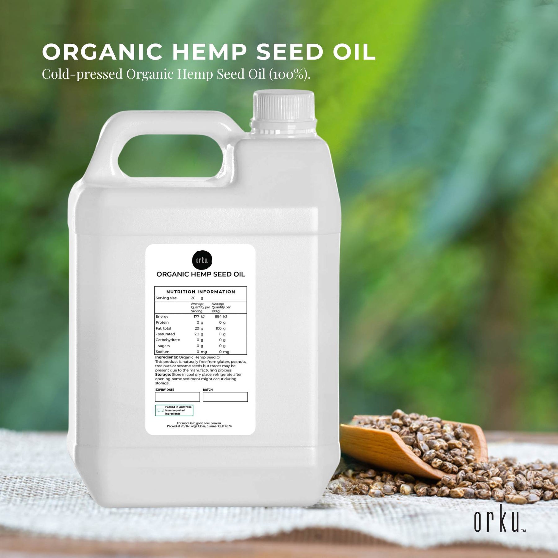 Orku 5L Organic Hemp Seed Oil - Cold Pressed Food Grade Oils - SuperSaverAU - view 1