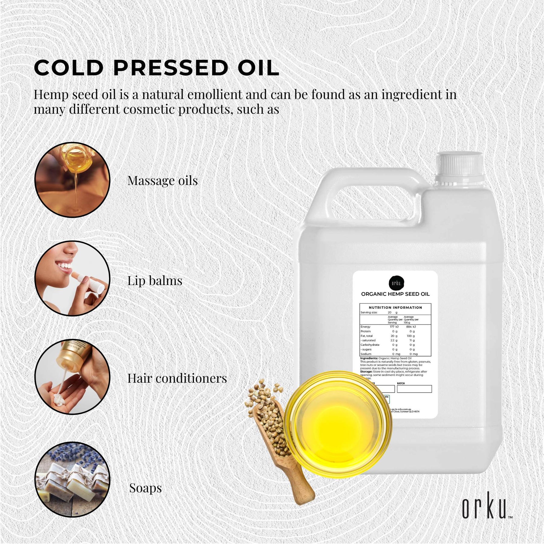 Orku 5L Organic Hemp Seed Oil - Cold Pressed Food Grade Oils - SuperSaverAU - view 2