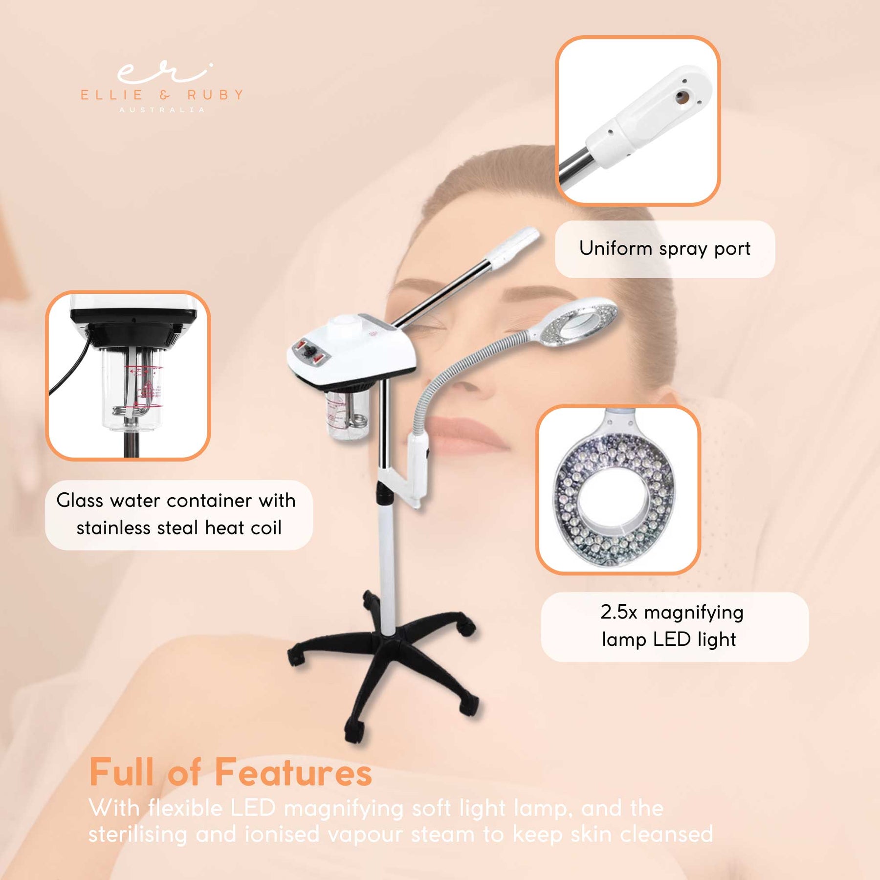 Ellie & Ruby 2-in-1 Facial Steamer with 2.5x Magnifying Lamp Adjustable Height - SuperSaverAU - view 7