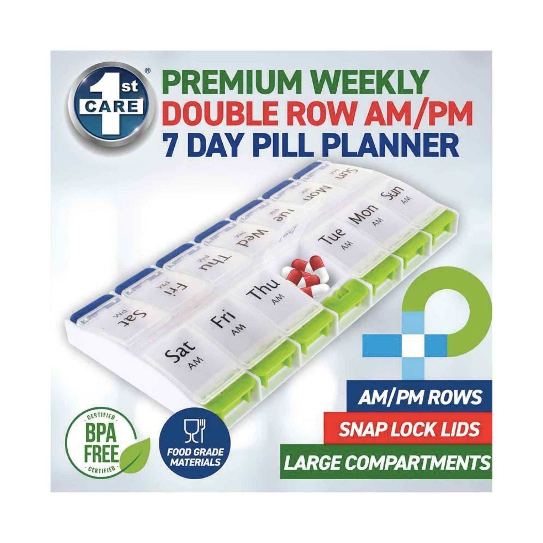 1st Care AM/PM Weekly Pill Box 14 Compartments 11.5x22x1.5cm Push-Button Organiser - SuperSaverAU - view 2