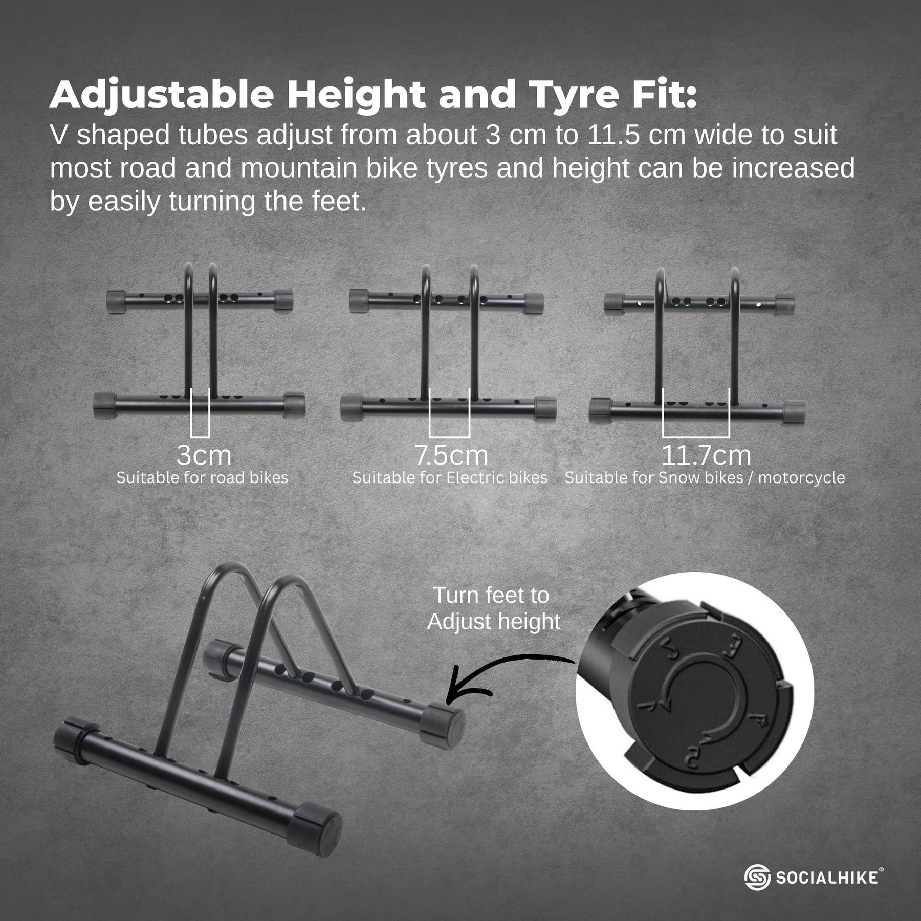 Social Hike Single Bike Rack Stand with Adjustable Rubber Feet - Black