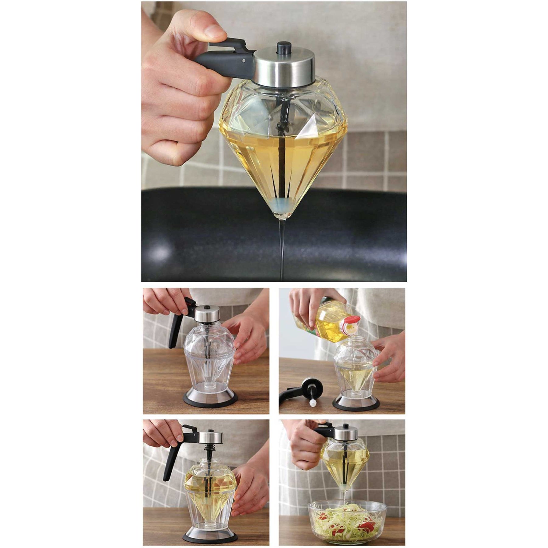 Diamond Oil Pot 200ml - Glass Dispenser with Acrylic Base & Silicone Stopper - SuperSaverAU - view 3