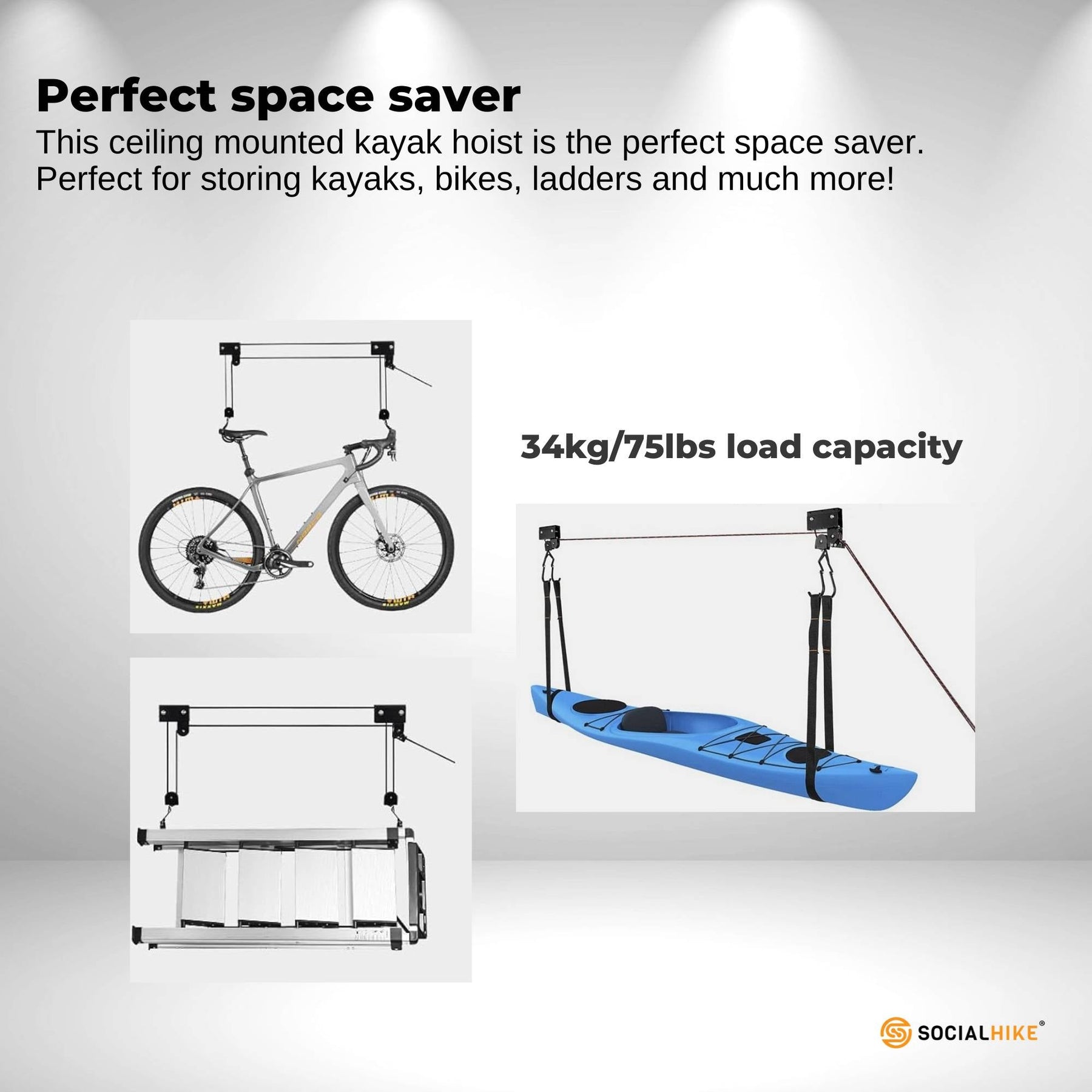 Social Hike Kayak Hoist Garage Ceiling Pulley Lift - 45kg