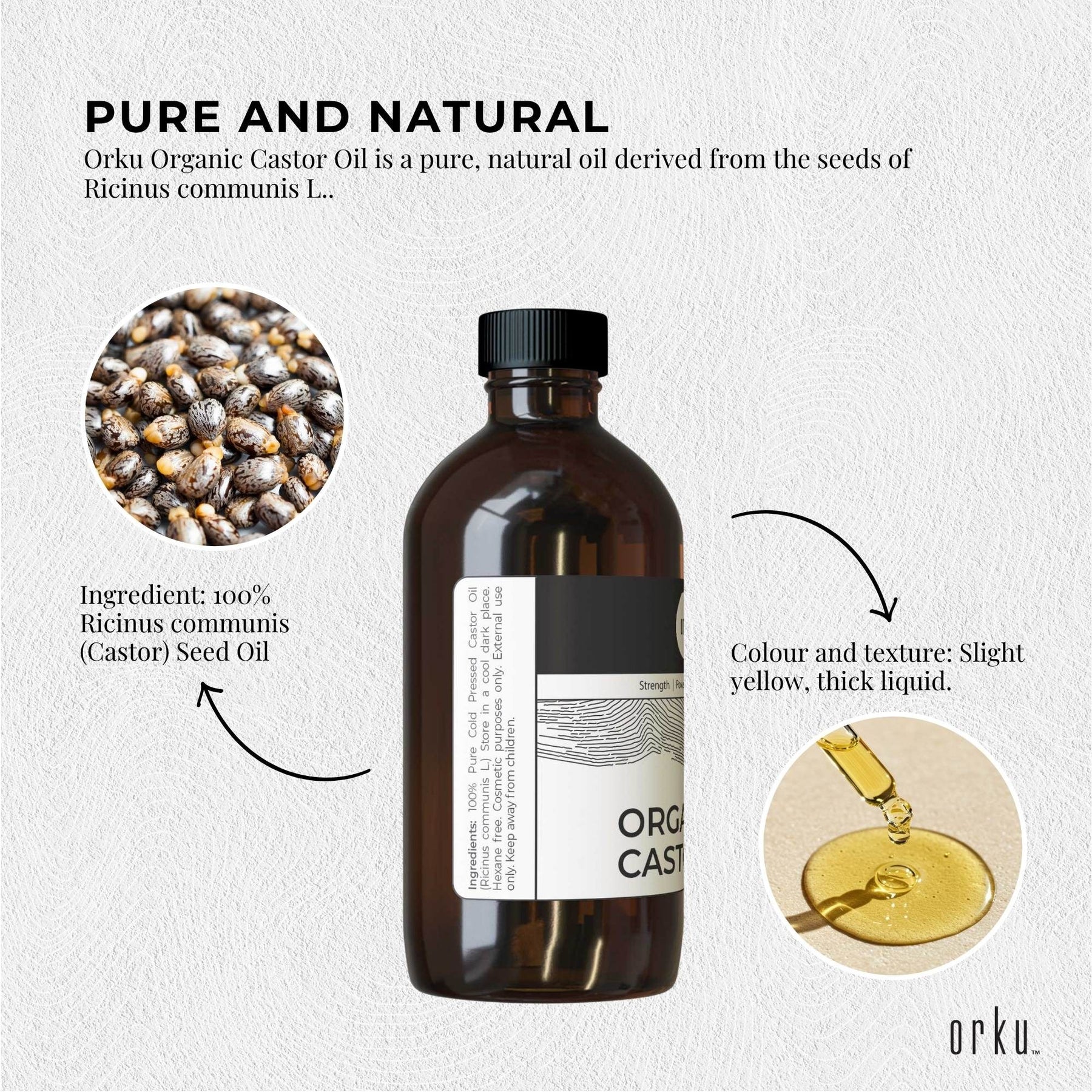 Orku 250ml Organic Castor Oil - Hexane Free, Cold Pressed, Rich in Antioxidants