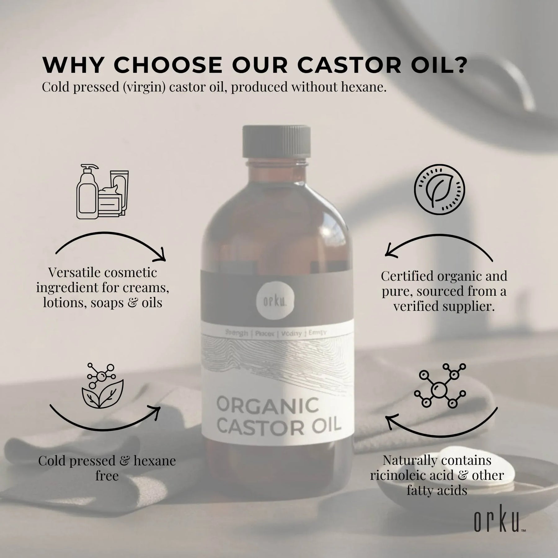 Orku 250ml Organic Castor Oil - Hexane Free, Cold Pressed, Rich in Antioxidants