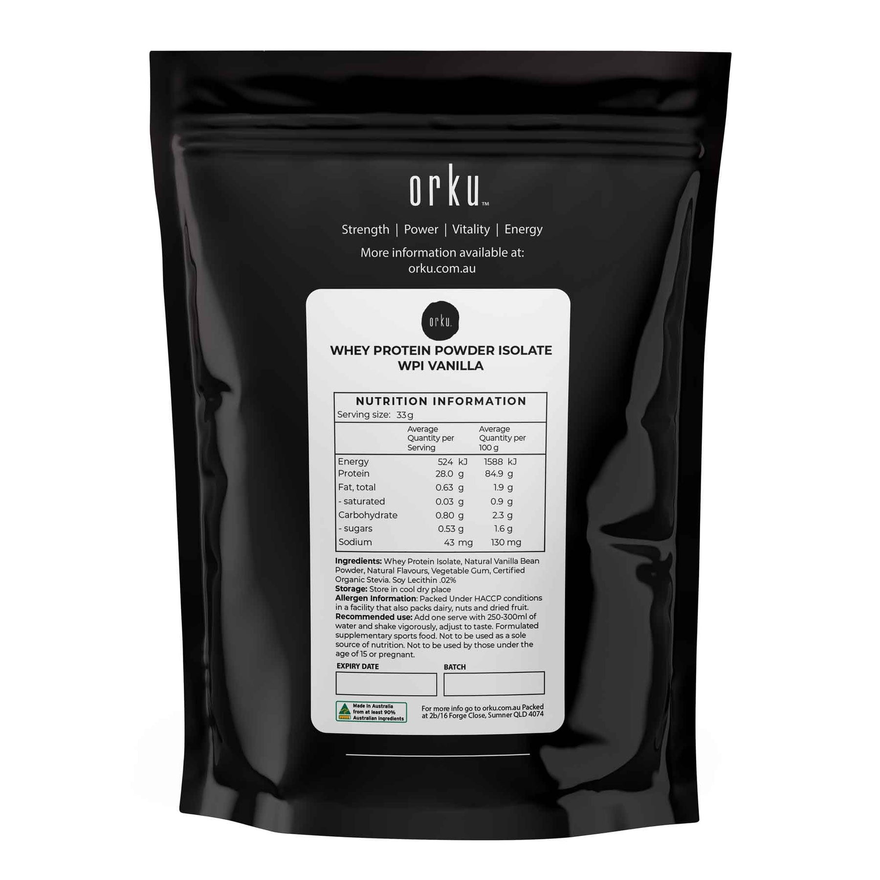 Orku Whey Protein Isolate Powder – Vanilla 400g | Low Fat, No Artificial Flavours - SuperSaverAU - view 1