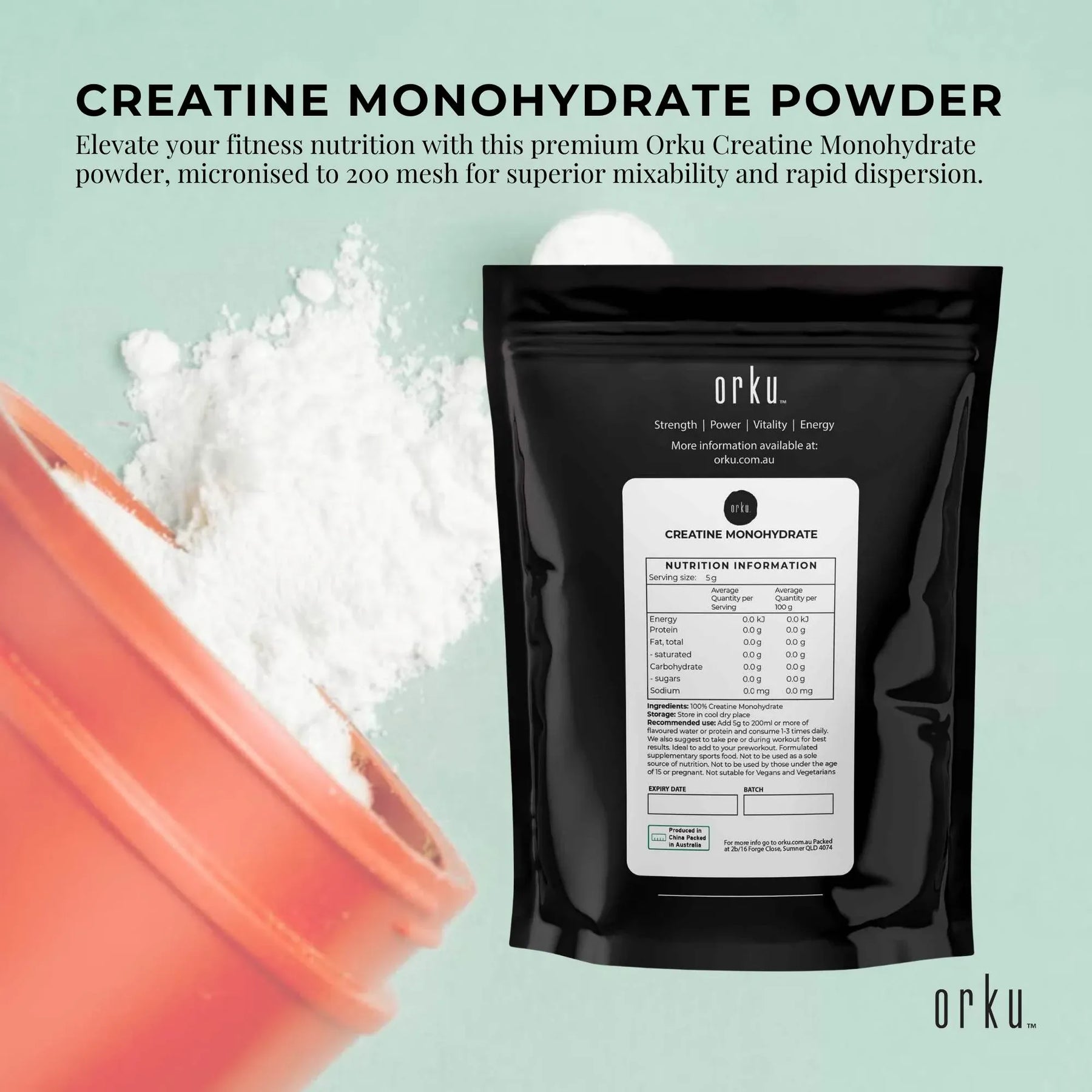 Orku 1Kg Creatine Monohydrate Powder – 200 Mesh Micronised, 99.9% Purity